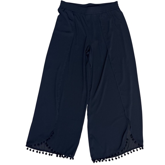 Sheer Wide Leg Split Leg Pants Pom Pom Trim Split Black Flowy Bohemian Swim L/Xl - Picture 1 of 5